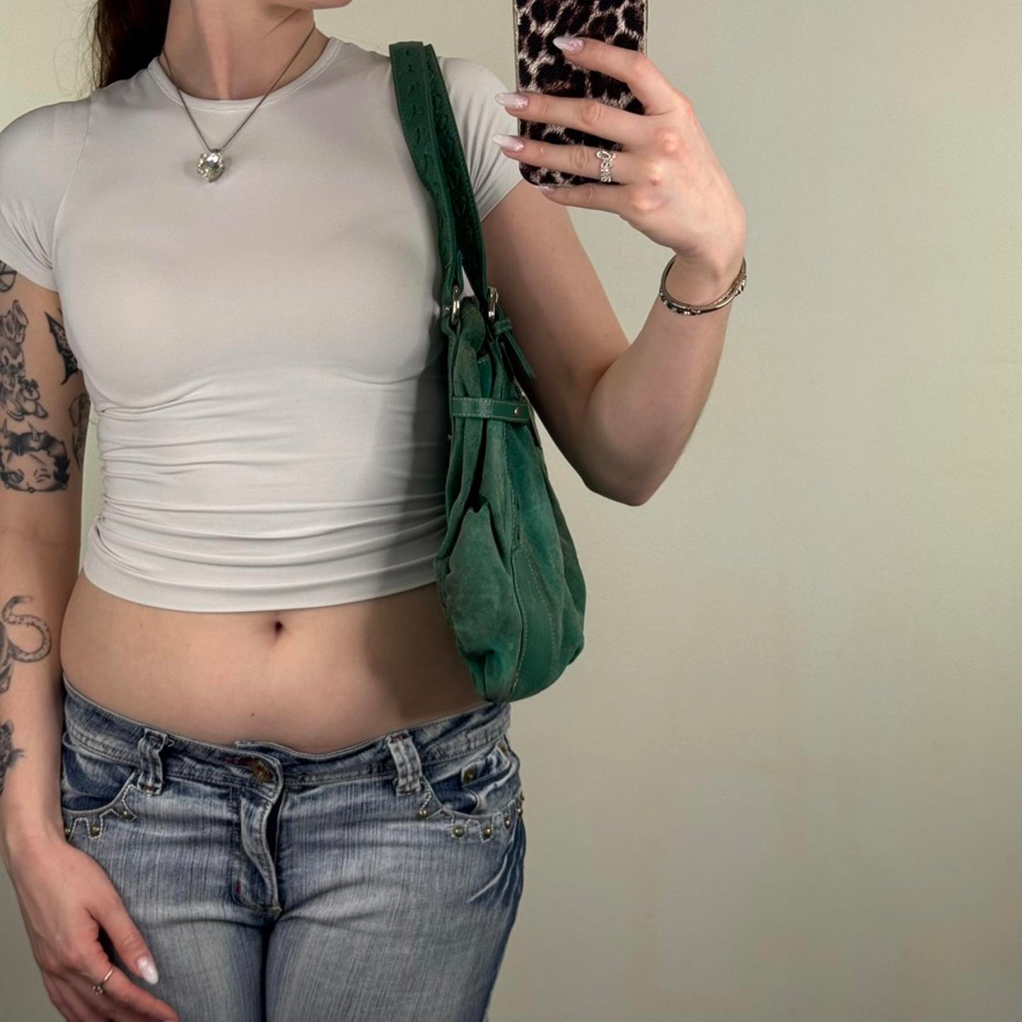 Y2K vintage genuine suede shoulder bag slouchy zipper green silver medium