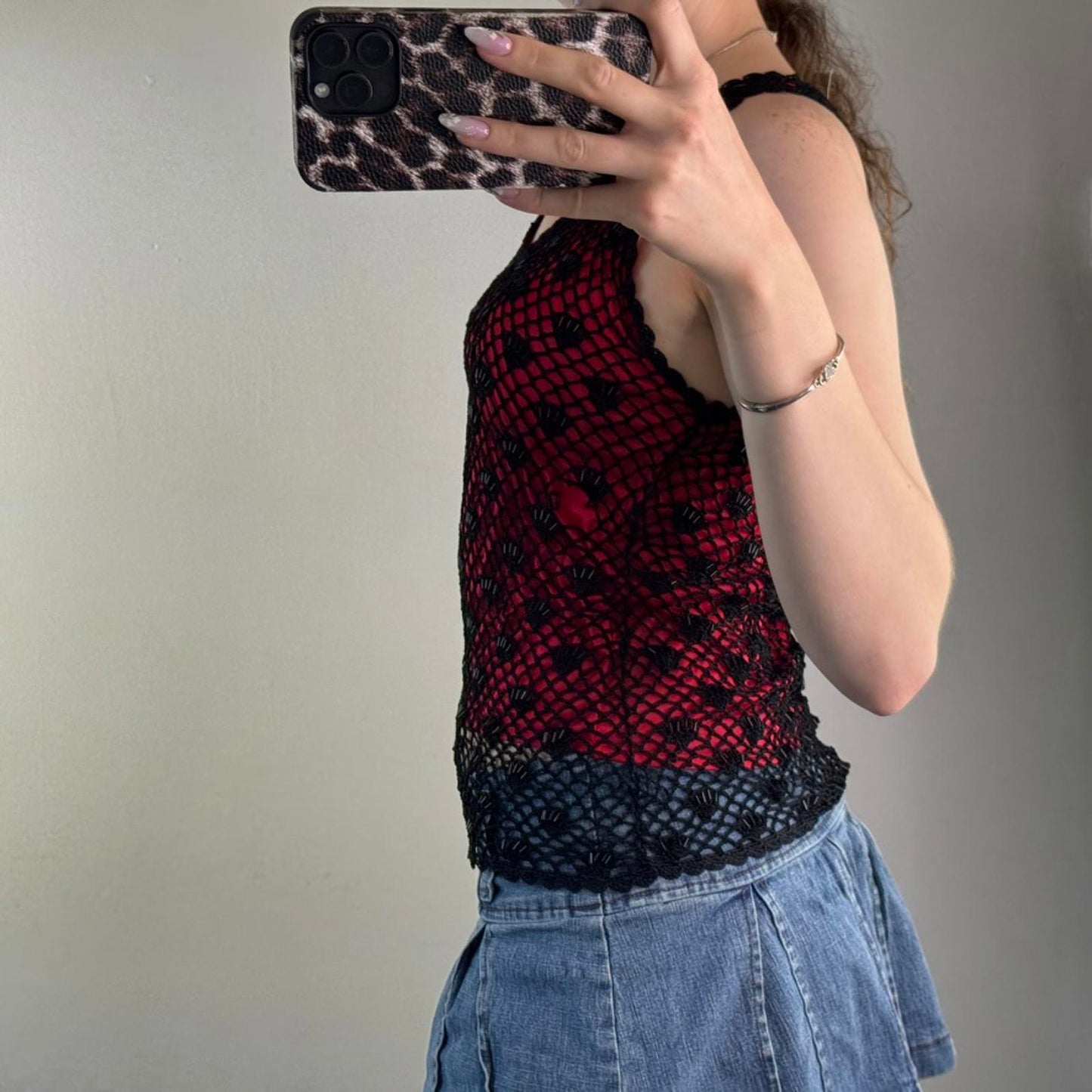 Y2K vintage crochet beaded tank top double layer red black v neck scallop hem
