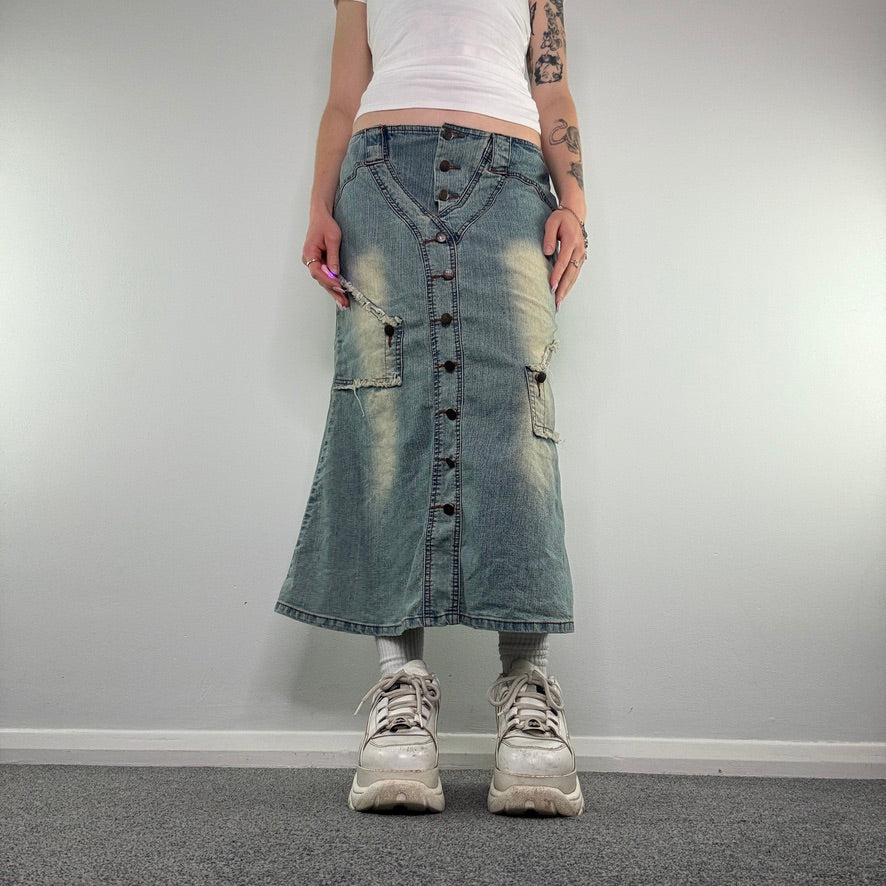 Y2K faded denim front button maxi skirt