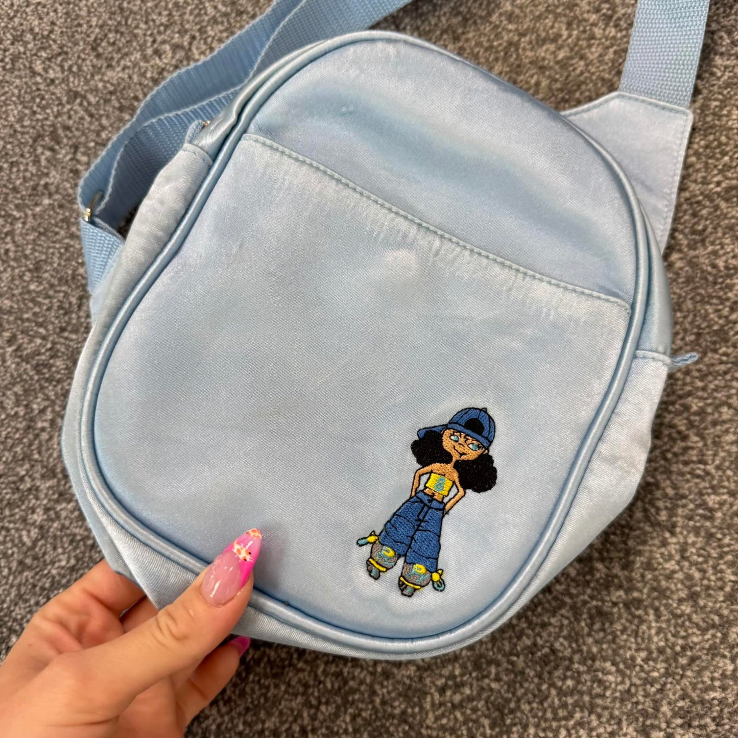 90s Y2K vintage satin cargo embroidered side crossbody bag baby blue small