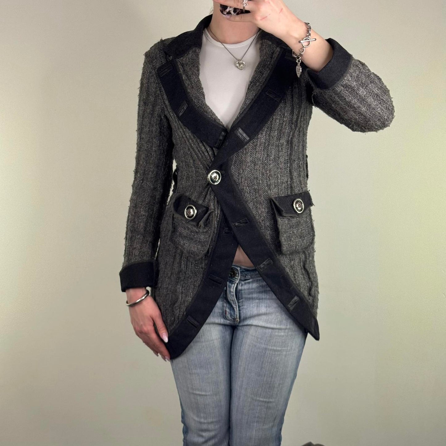 Y2K vintage mohair blend cardigan ribbed mid length v neck black grey fitted