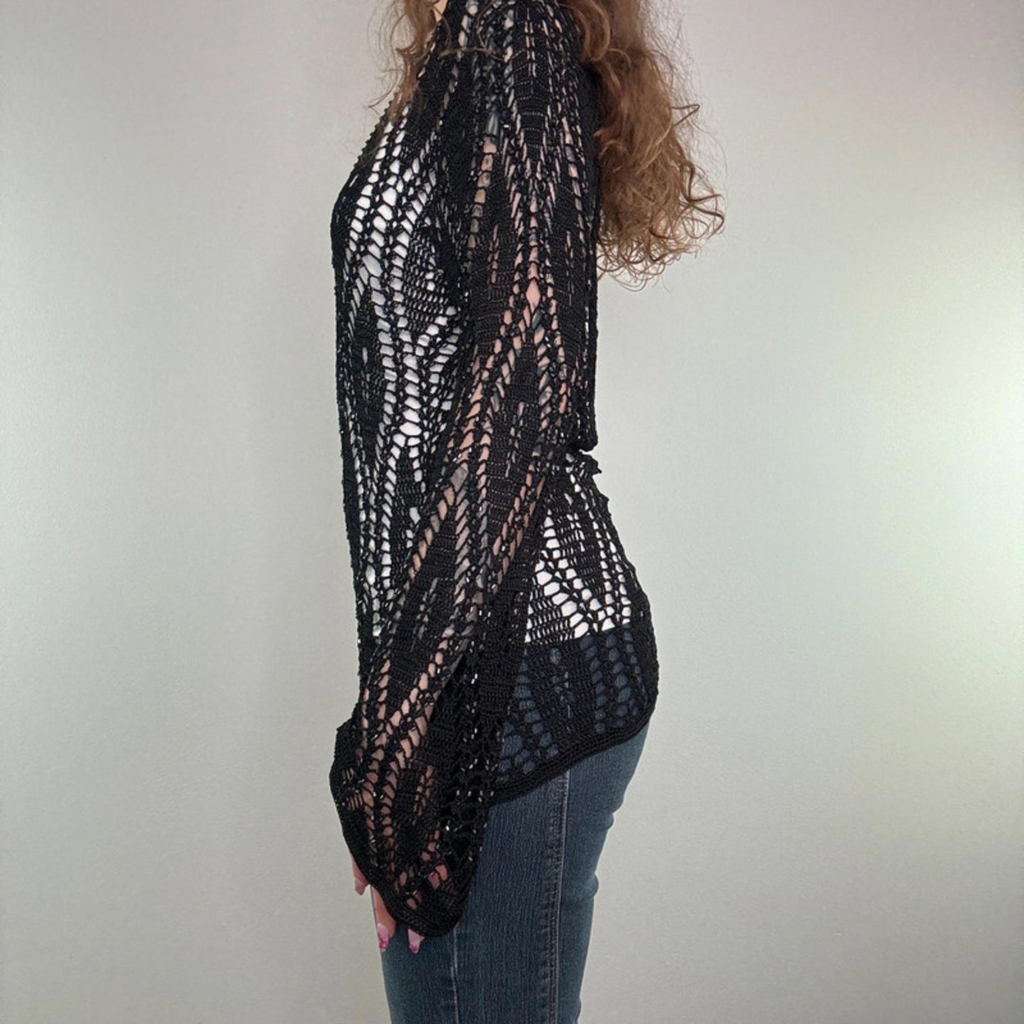 Y2K vintage crochet flared long sleeve top round neck sheer beaded black