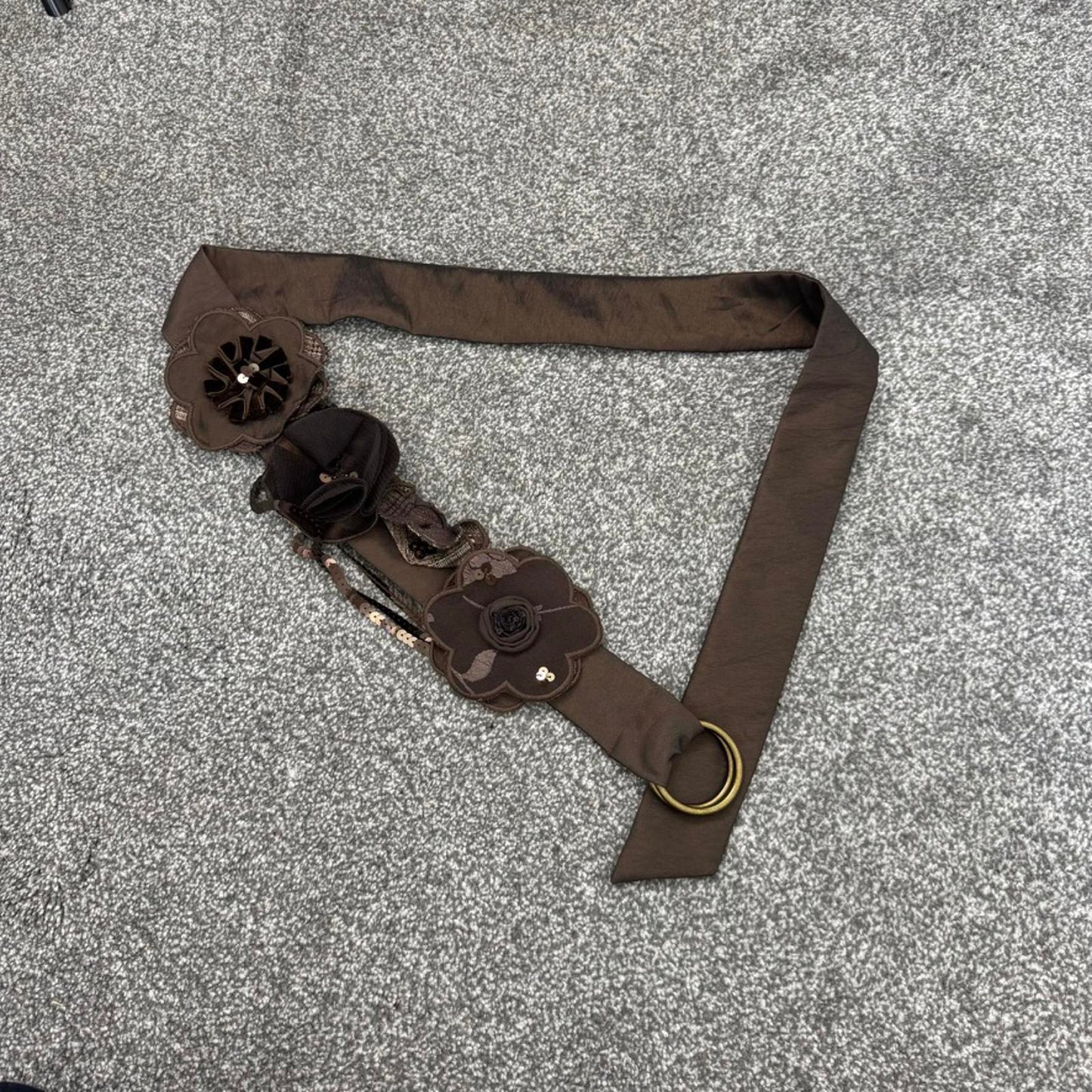 Y2K vintage adjustable floral 3D satin sequin belt embellished o d ring tartan