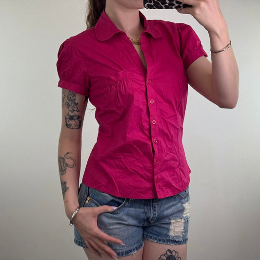 Y2K vintage button up short sleeve blouse shirt stretchy puff ball ruched pocket