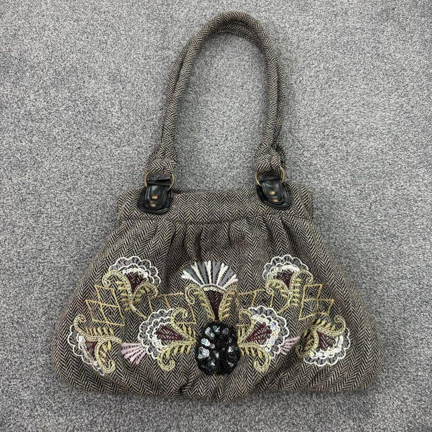 Y2K vintage tweed floral sequin shoulder bag embellished buckle beaded medium