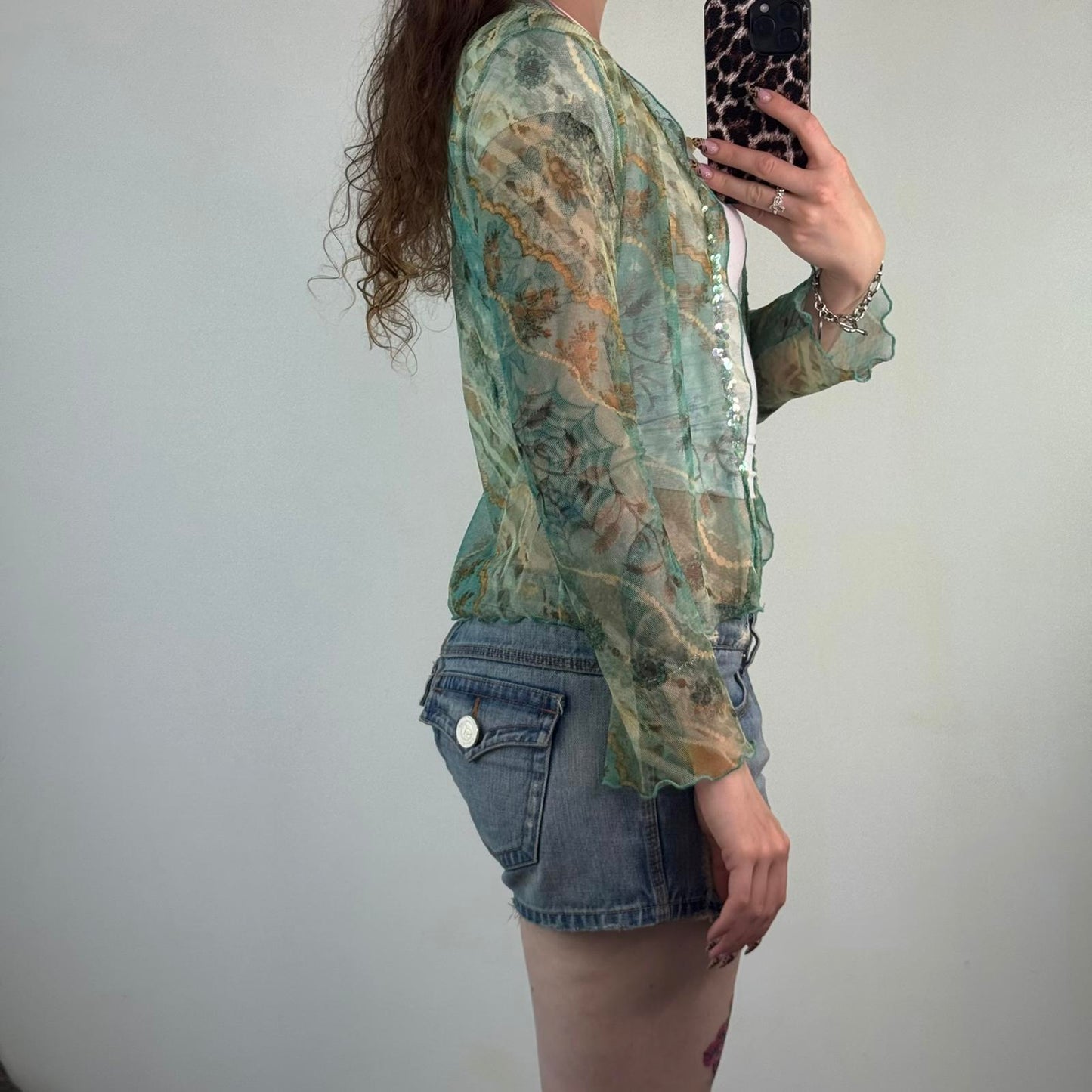 Y2K vintage mesh floral print open front cardigan long sleeve sequin