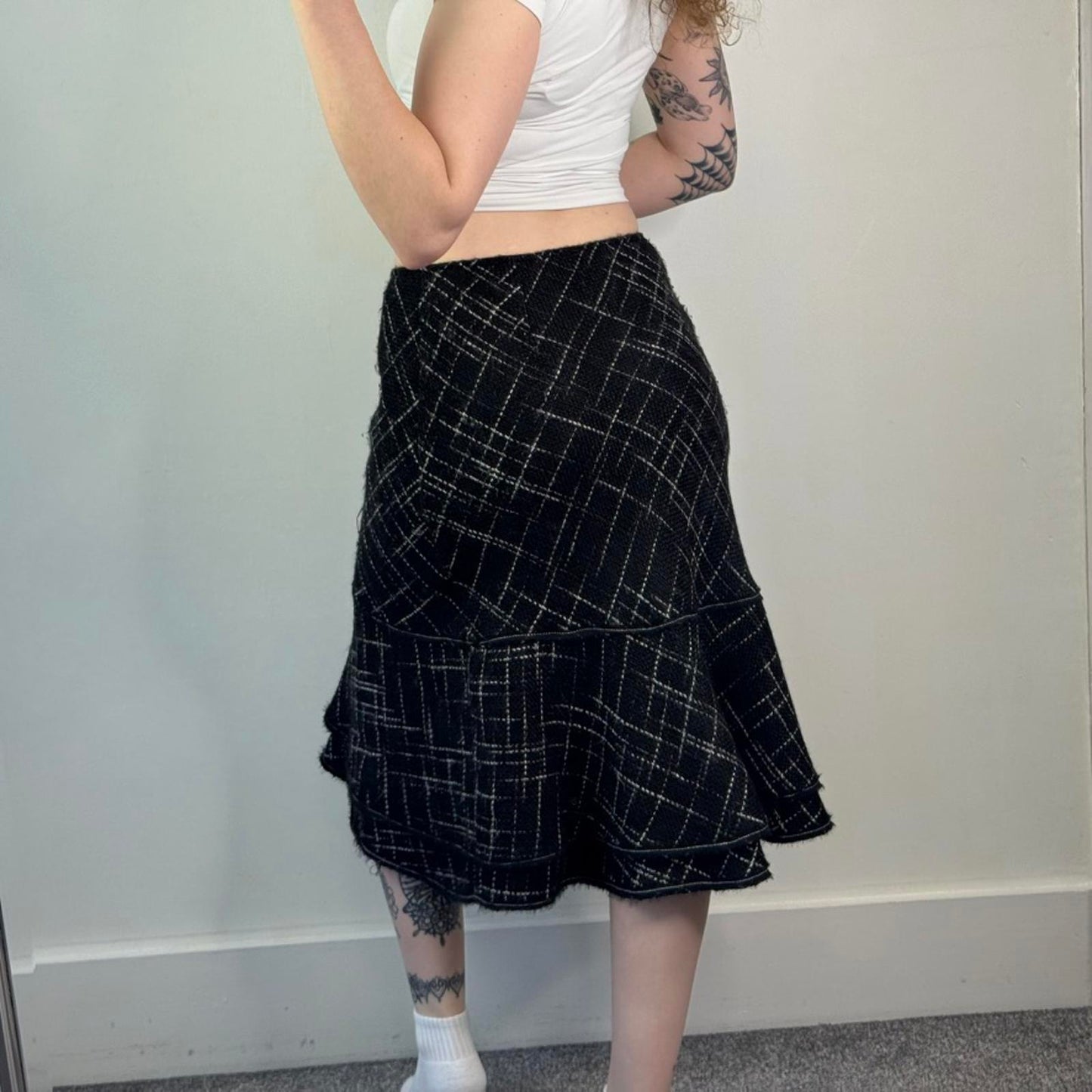 Y2K vintage crisscross pattern tiered midi skirt a line frill hem mid rise