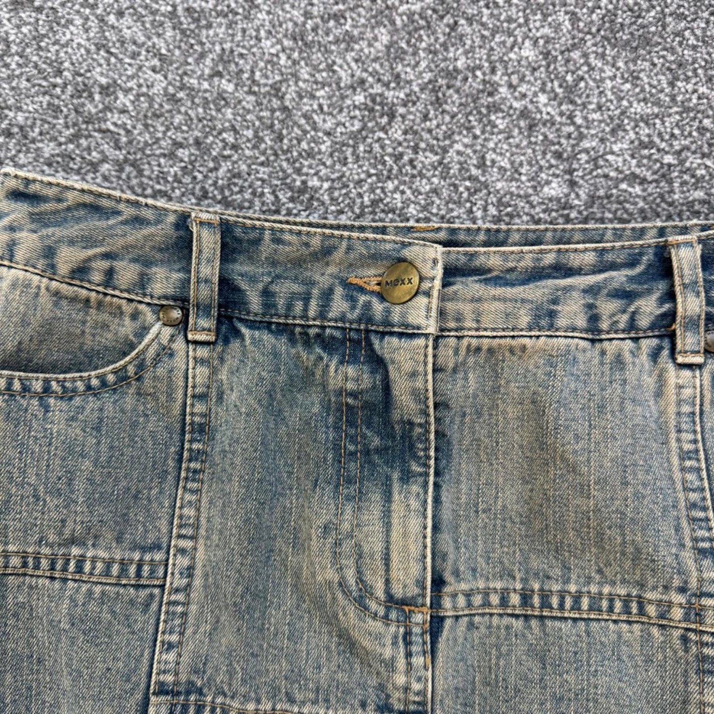 Y2K vintage patchwork denim midi skirt fraying hem above knee