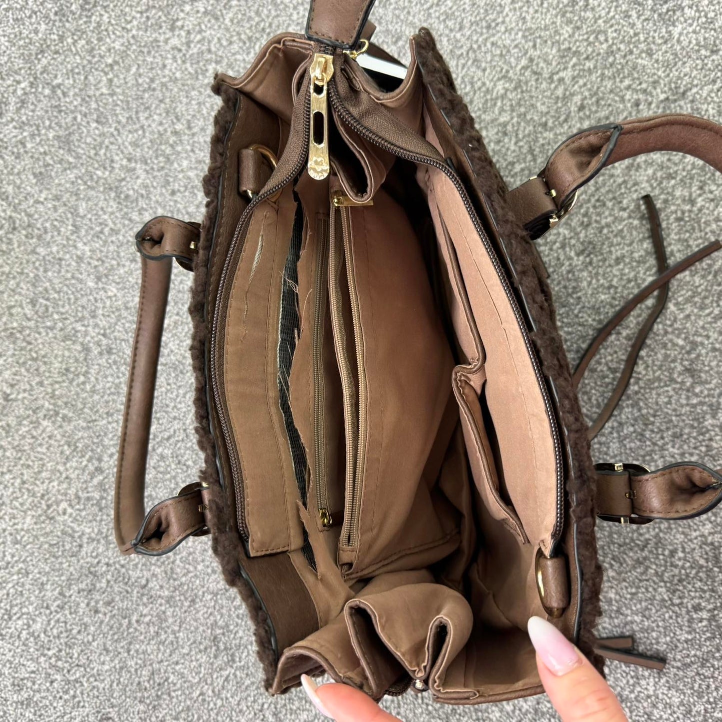 Small sherpa faux leather mini handbag brown gold