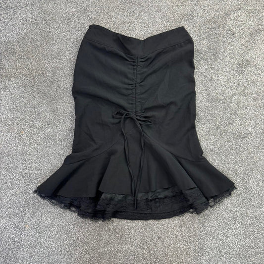 Y2K vintage stretchy ruched midi skirt bow lace trim a line ruffle fit flare hem