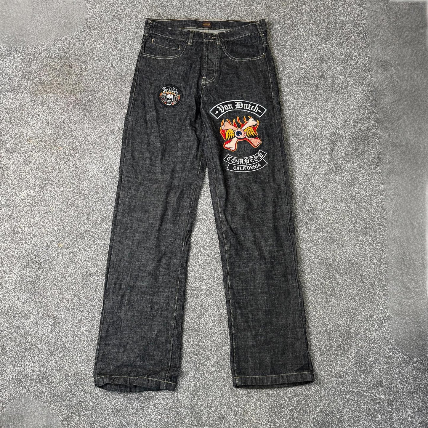 Y2K vintage Von Dutch straight leg embroidered patches jeans