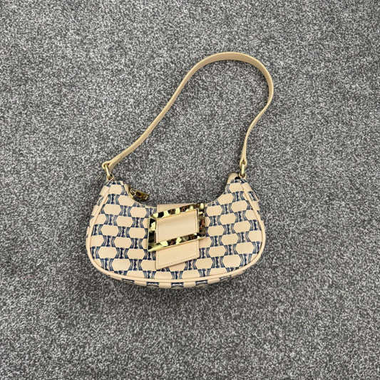 Kassandre faux leather mini shoulder bag small gold buckle blue cream