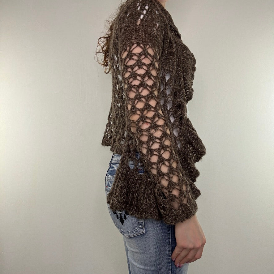 Y2K vintage crochet cardigan ruffle asymmetrical archive waterfall open front