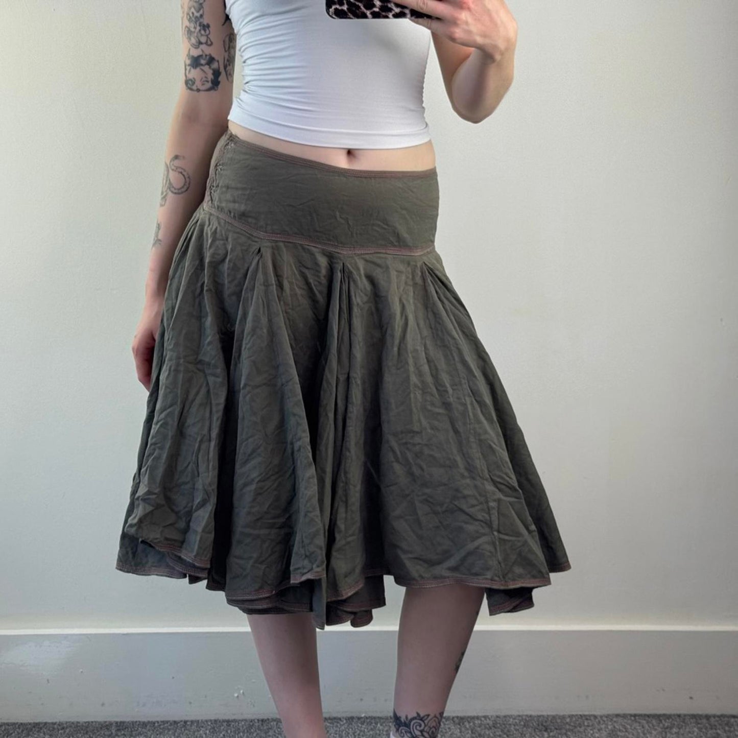 Y2K vintage Firetrap a line puffy midi skirt khaki box pleat knee length archive
