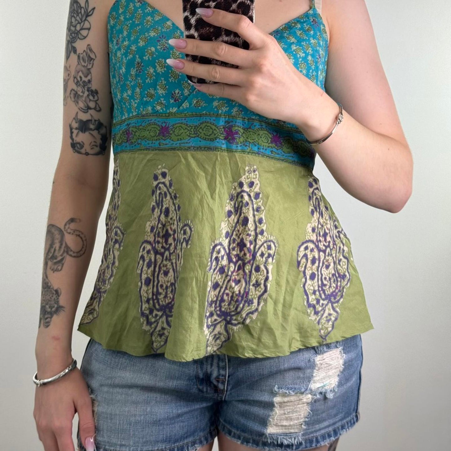 Y2K vintage 100% silk paisley cami top v neck strappy green blue lightweight