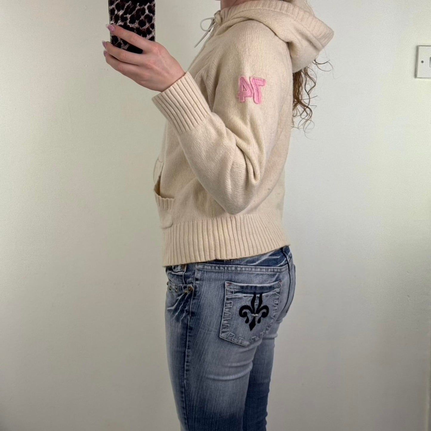 Y2K vintage McKenzie wool blend zip up hoodie pink toggles cream pink