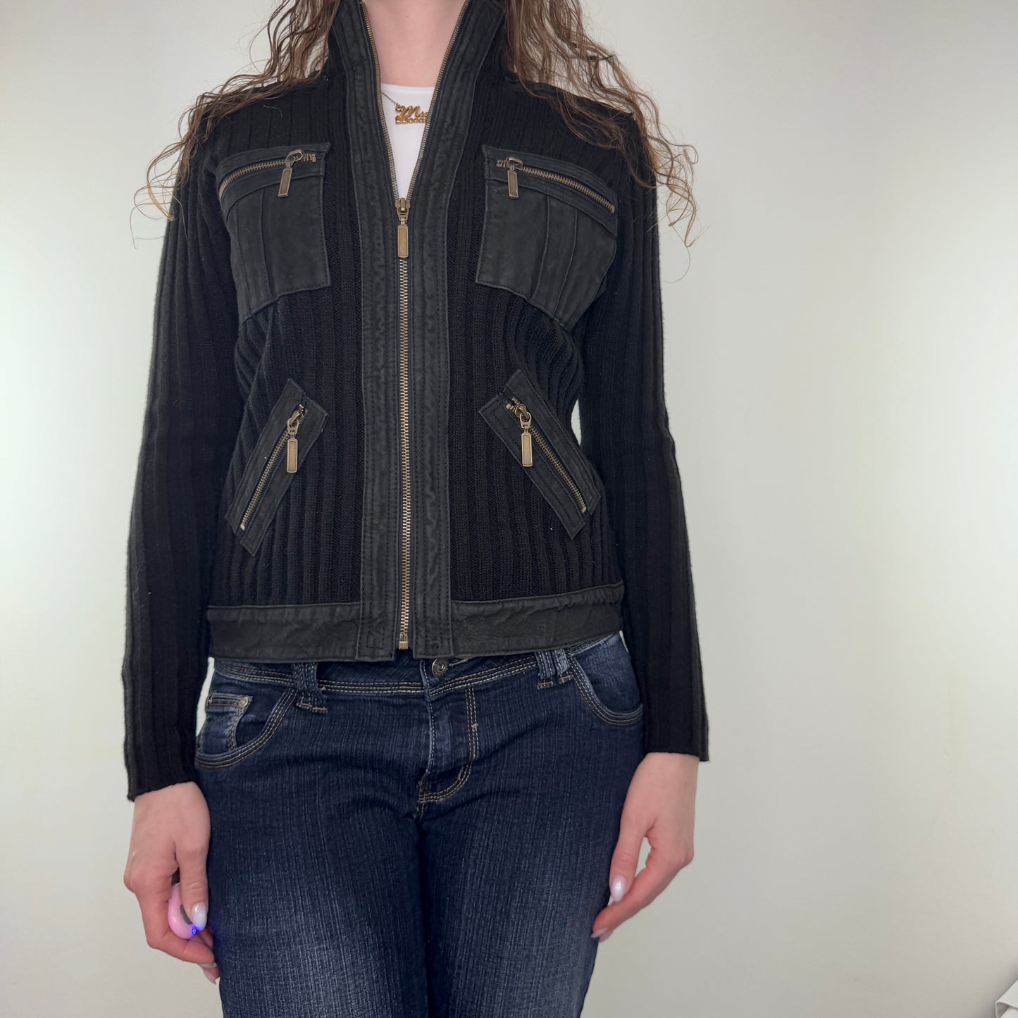 Y2K vintage ribbed knit suede zip up jumper