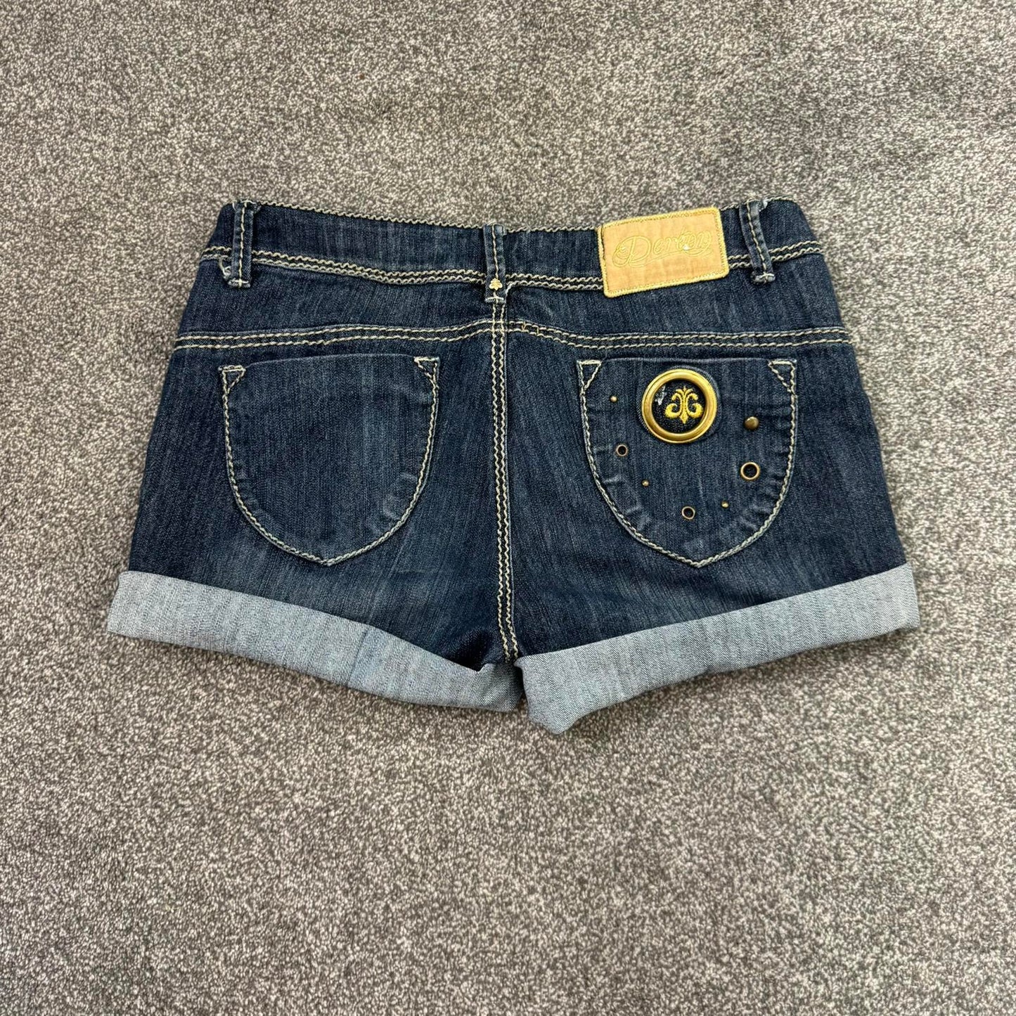 Y2K vintage denim mini short dark blue filigree contrast stitch grommet studded