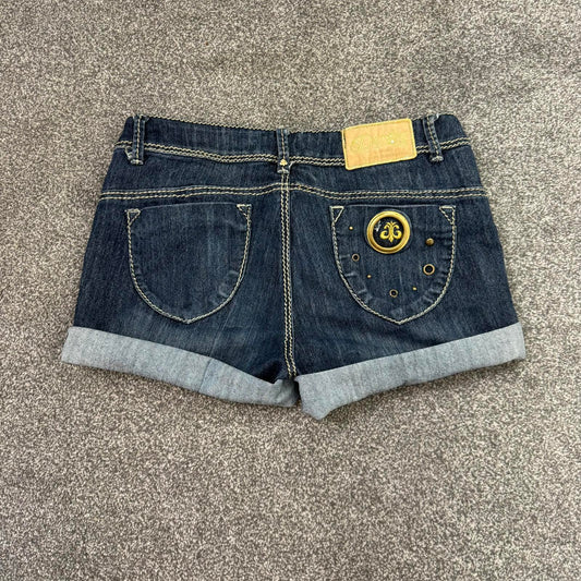 Y2K vintage denim mini short dark blue filigree contrast stitch grommet studded