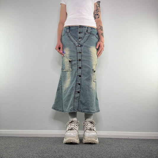 Y2K faded denim front button maxi skirt