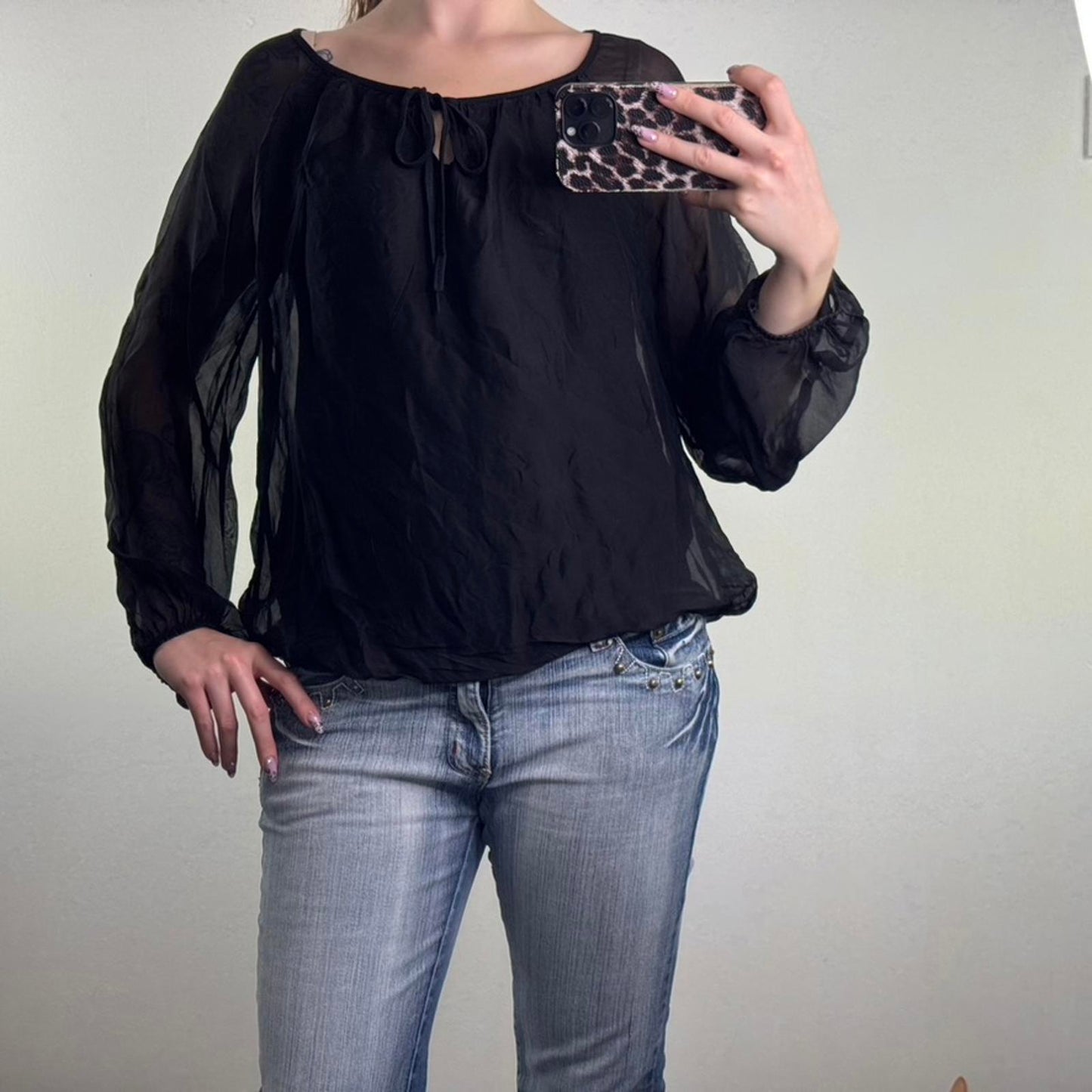 Y2K vintage 100% silk double layered long sleeve top slouchy bow keyhole