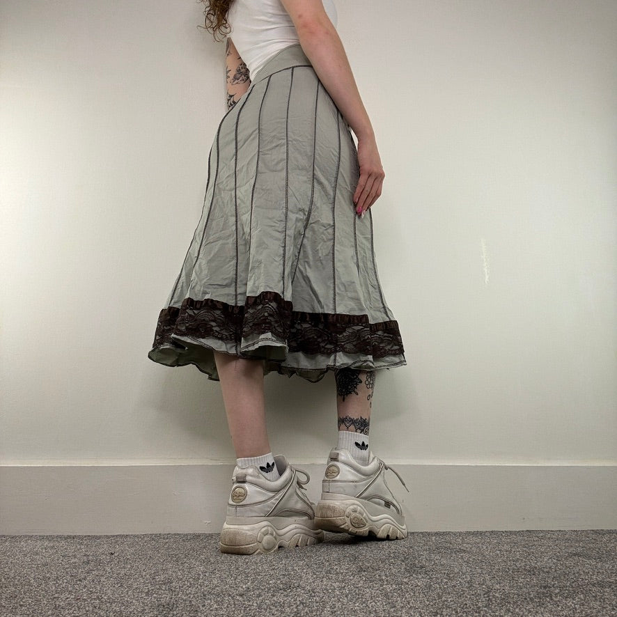 Y2K vintage midi skirt lace trim archive contrast stitch brown grey