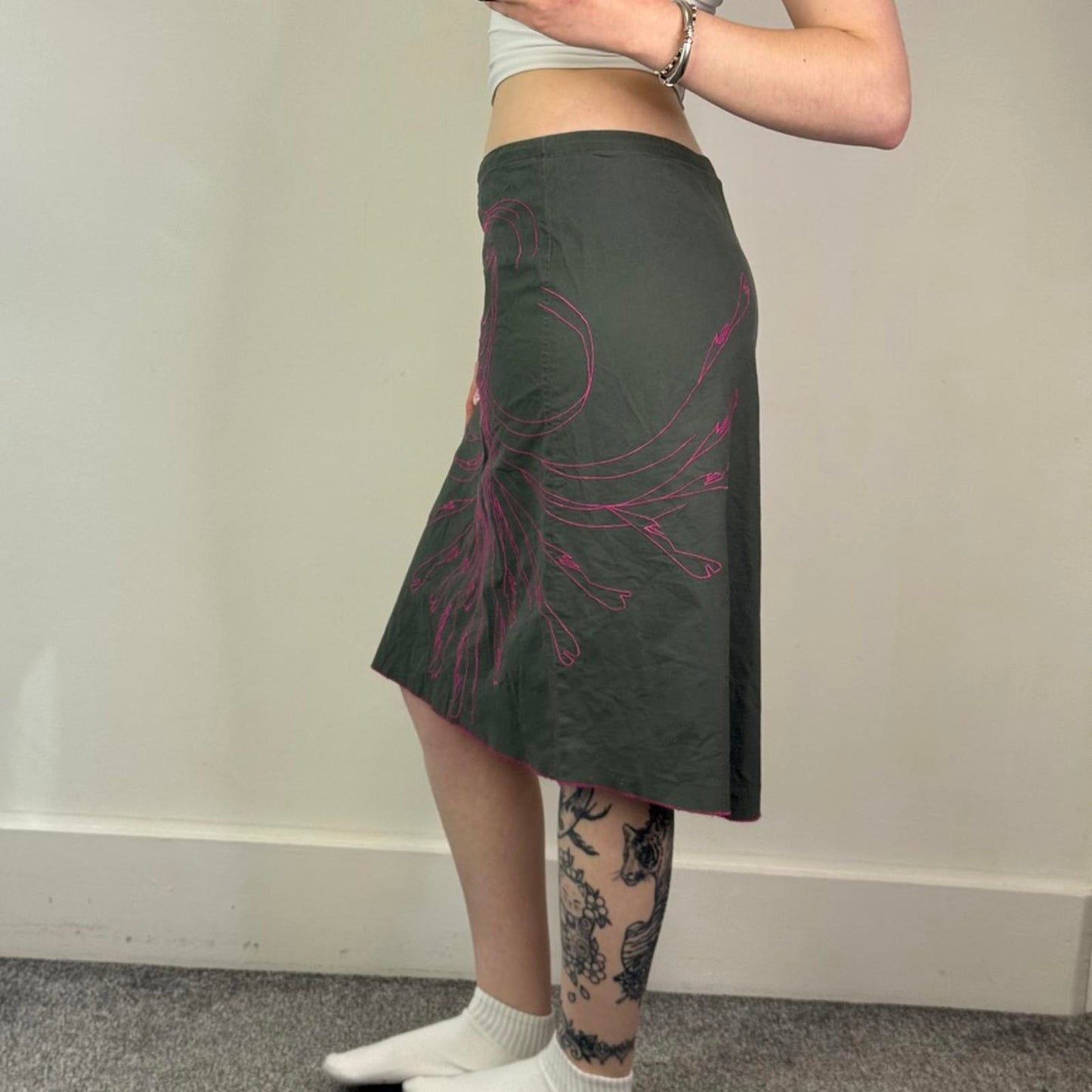 Y2K vintage bird embriodered asyemtriucal hem midi skirt stretch pink/ khaki