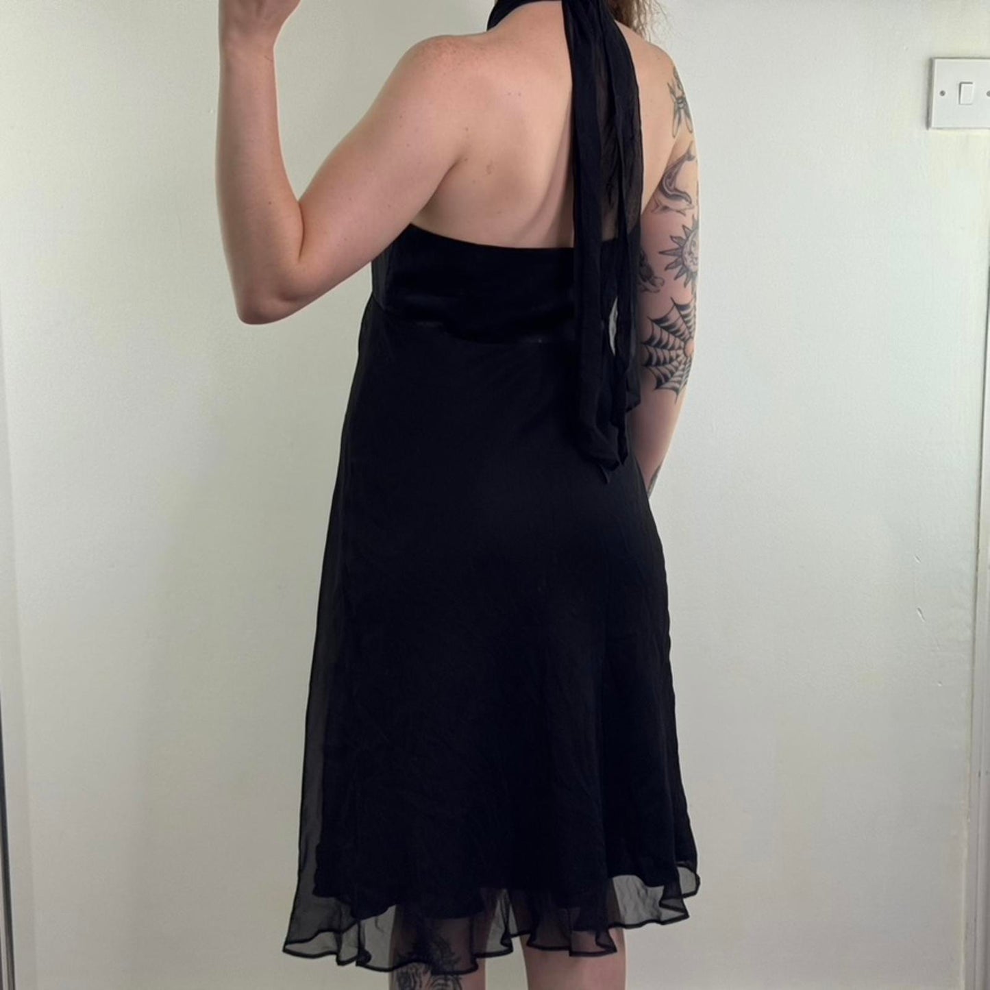 Y2K vintage 100% silk halter neck midi dress open front a line lightweight