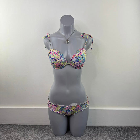 Victoria's Secret matching bikini set floral ruched frilly frill multi rainbow