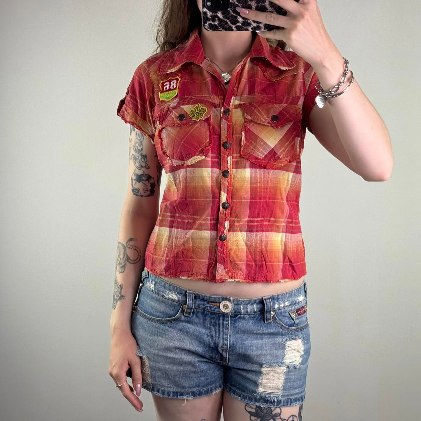 Y2K vintage check print tartan shirt short sleeve popper button up red yellow