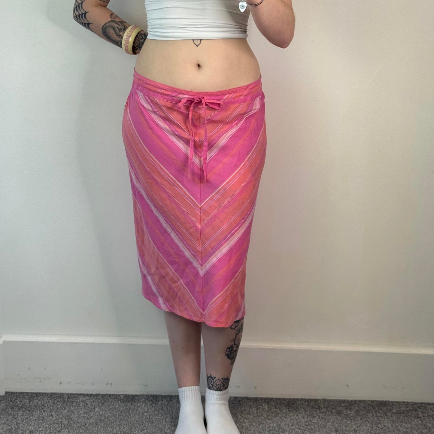 Y2K vintage stripe bow midi skirt stretchy waistband knee length lightweight