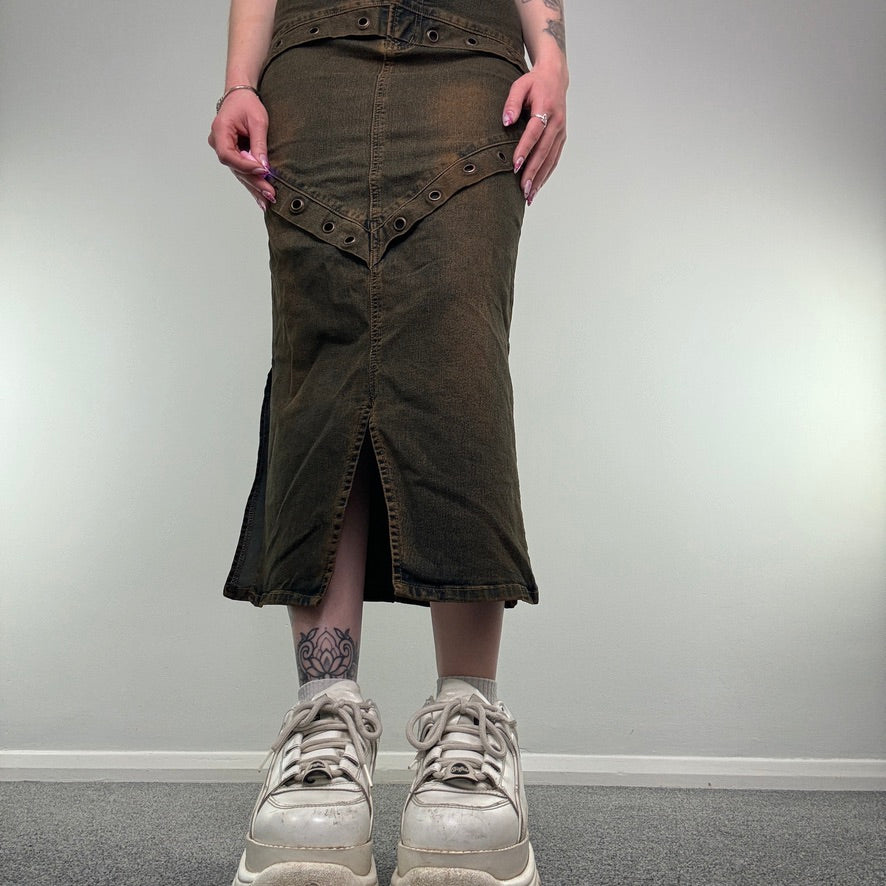 Y2K vintage faded denim grommet maxi skirt