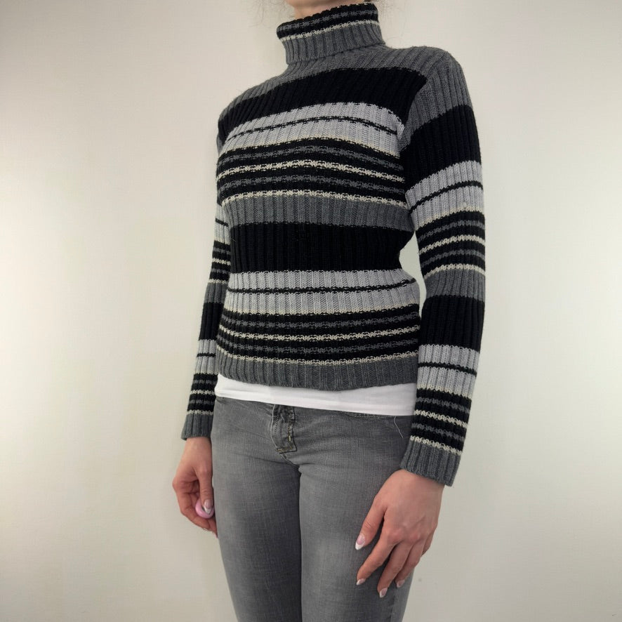 Y2K vintage roll neck knit jumper turtleneck grey black stripe fitted