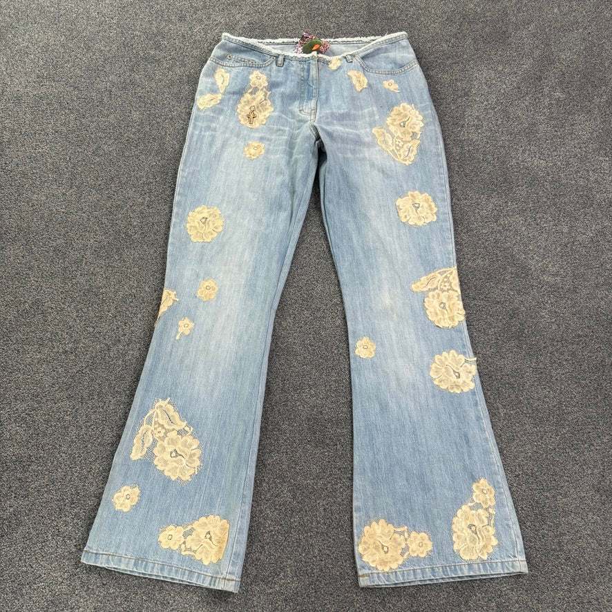 Y2K coquette denim bootcut lace cross embellished jeans