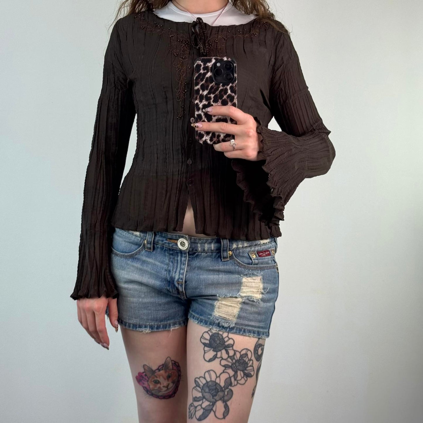 Y2K vintage sheer pleated button up blouse sheer floral embroidery beaded brown