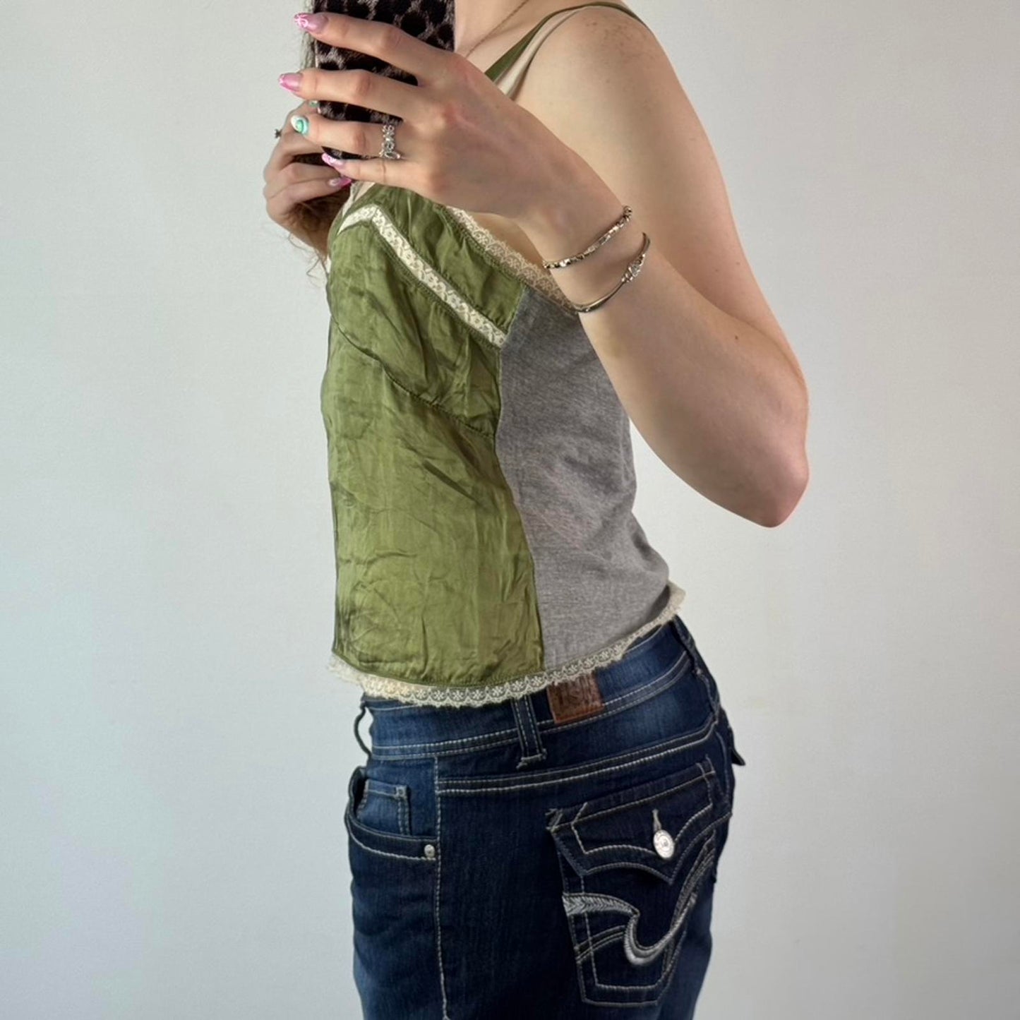 Y2K vintage silk lace trim cotton cami top strappy green cream grey