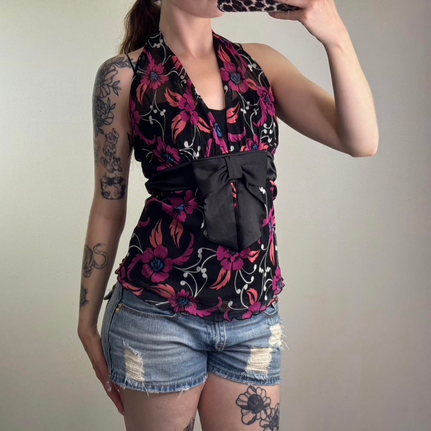 Y2K vintage Bay halter neck mesh floral top bow double layer lettuce hem