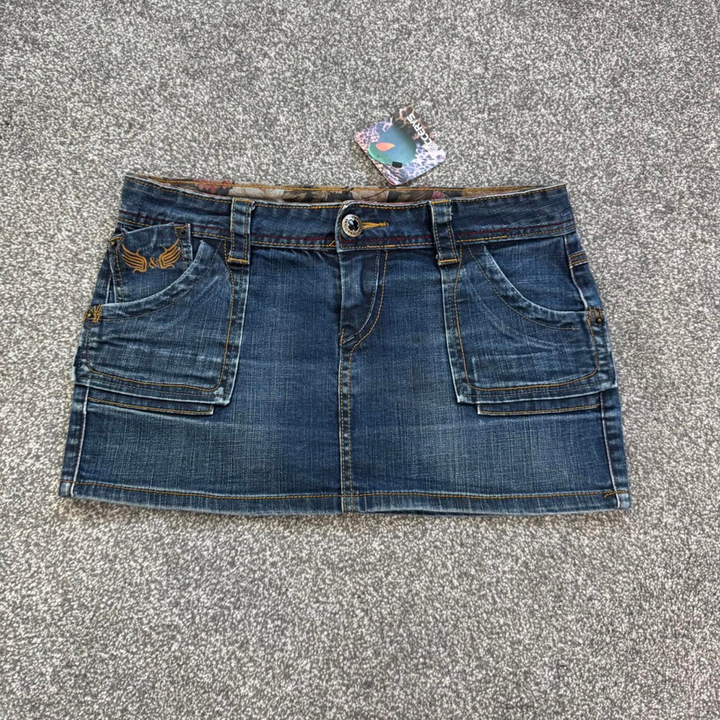 Y2K vintage micro low rise denim mini skirt dark blue embroidery pockets