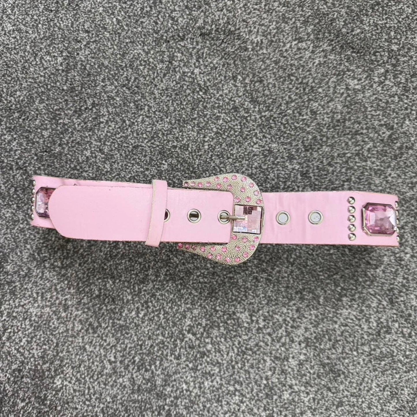 Y2K vintage faux leather chunky belt mcbling rhinestone studded baby pink silver