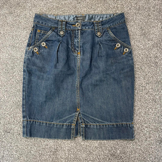 Y2K vintage denim midi skirt buttons fitted contrast stitch dark blue wash