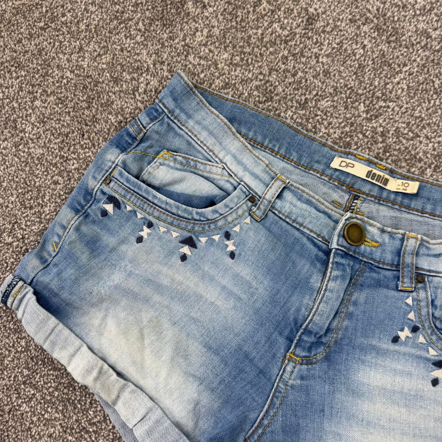 Y2K vintage low rise faded denim mini shorts embroidered aztec 2010s turned hem