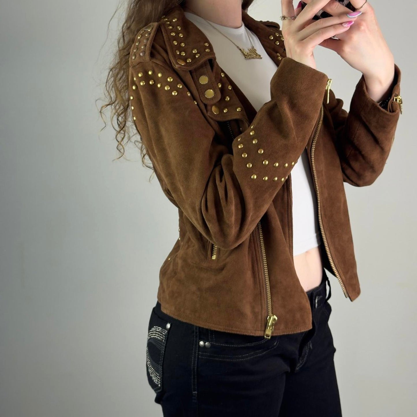Vintage suede studded asymmetrical zipper jacket biker boho 2010s archive short