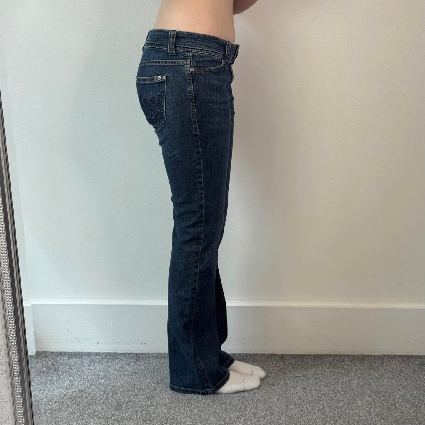 Y2K vintage low rise bootcut jeans dark denim embellished pockets mcbling