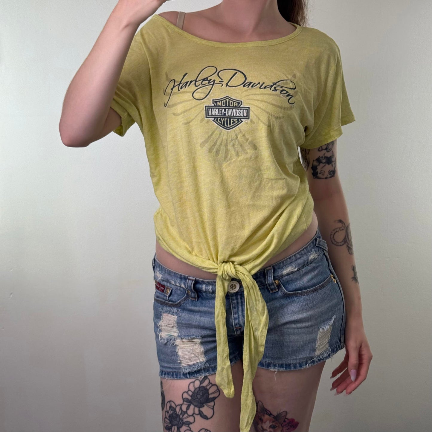 2014 Harley Davidson tribal angel wings slouchy top graphic print tie knot sheer