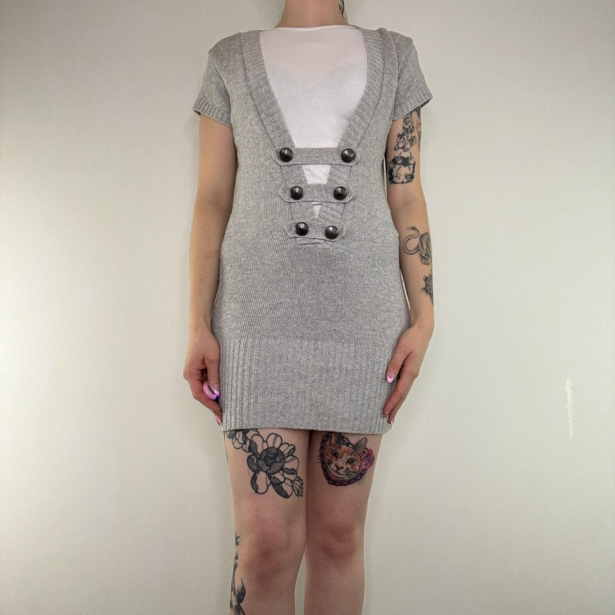 Y2K vintage Jane Norman long tunic /mini dress knit military buckle v neck