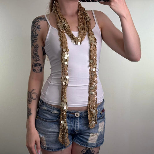 Y2K vintage crochet skinny scarf sequin gold knit thin