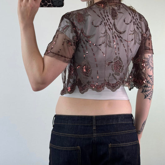 Y2K vintage mesh sequin cardigan short sleeve cropped open front scallop hem