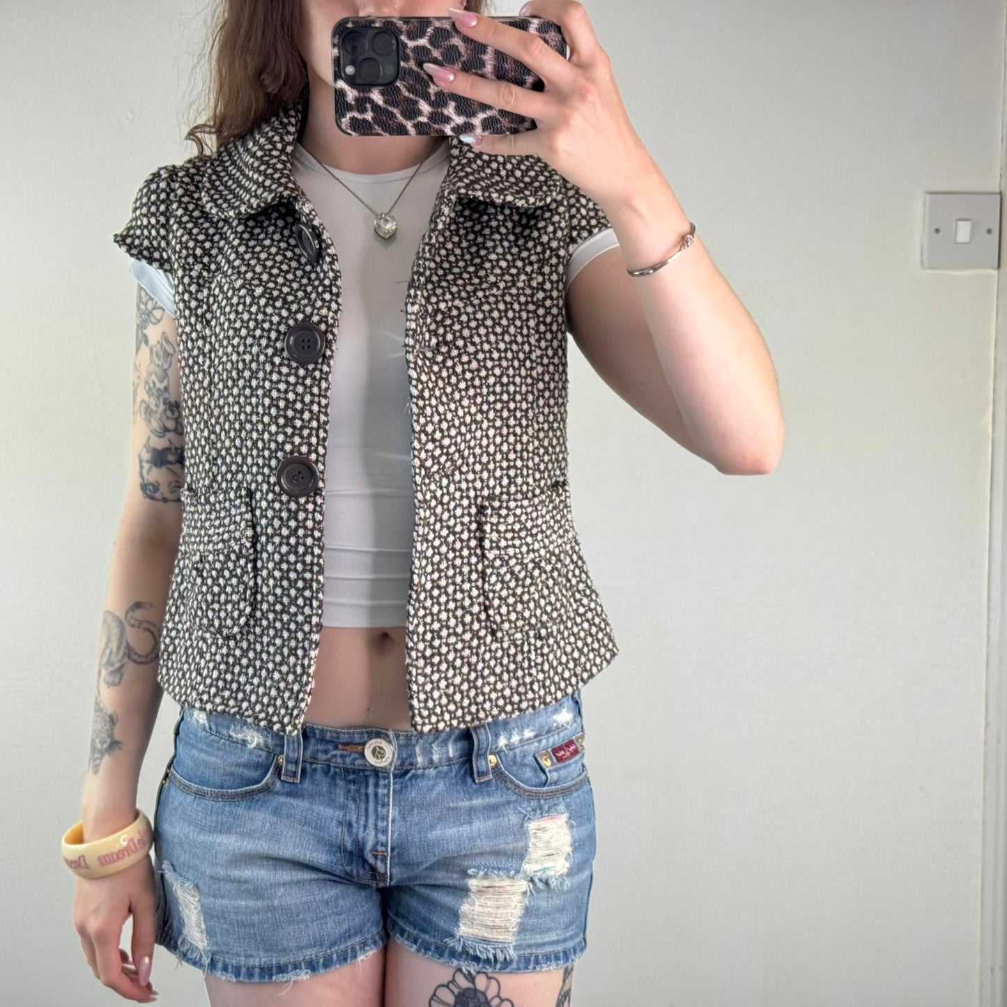 Y2K vintage sparkly part wool button up short sleeve jacket archive brown white