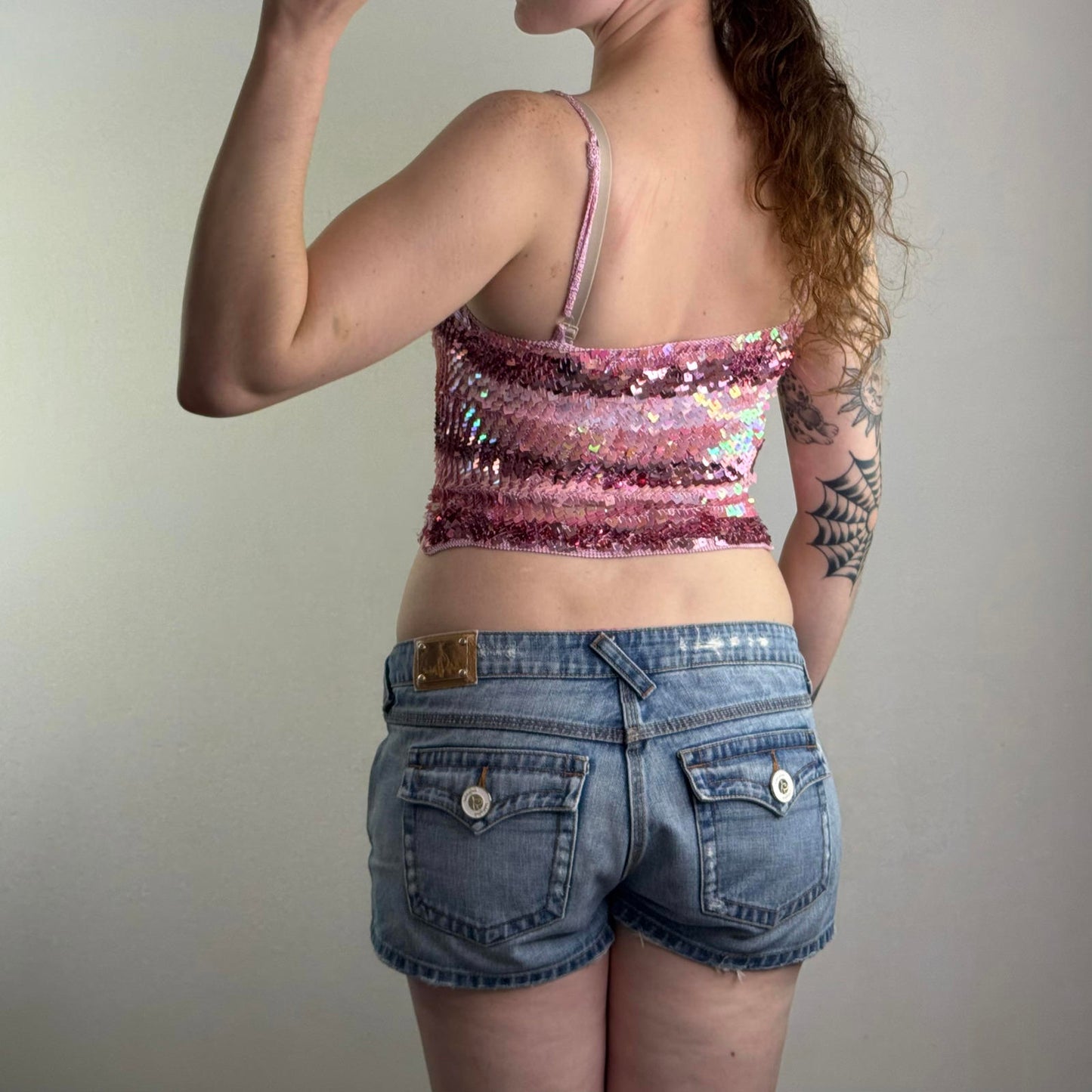 Y2K vintage New Look sequin stripe crop top strappy party festival shimmer