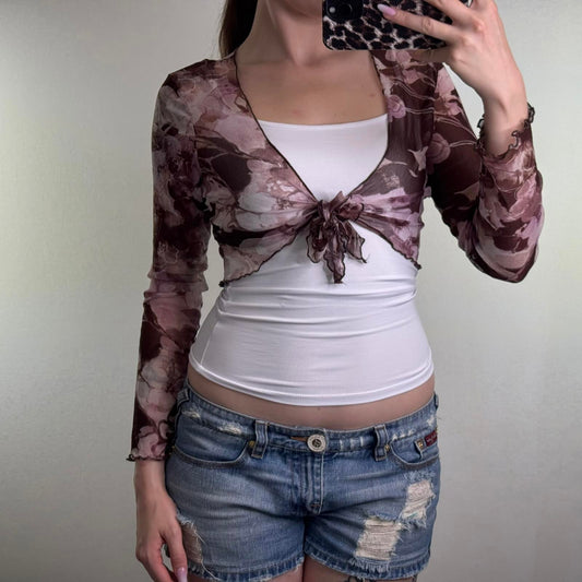 Y2K vintage sheer mesh floral cropped cardigan shrug stretchy lettuce hem